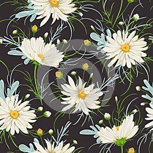 Seamless pattern with white chamomile flowers and sagebrush. Rustic floral background.