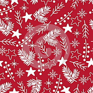 Seamless pattern with white christmas elements on red background - vector illustration, eps