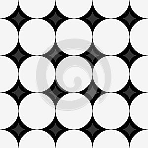 Seamless pattern with white circles and diamonds on black background.