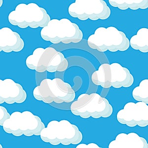 Seamless pattern with white clouds for fabric, decorative paper, web. Flat vector illustration on blue background.