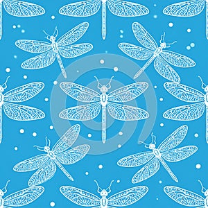 Seamless Pattern of White Dragonflies on a Blue Background