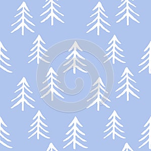 Seamless pattern white fir tree on blue background. Christmas trees