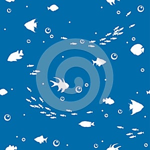 Seamless pattern with white fish isolated on a blue background. Illustration of underwater life.