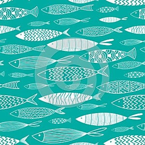 Seamless pattern with white fishes on a turquoise background