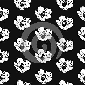 Seamless pattern with white flowers, cherry blossom on black background