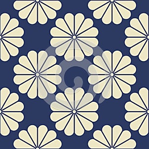 Seamless Pattern of White Geometric Flower Elements on Blue Navy Background