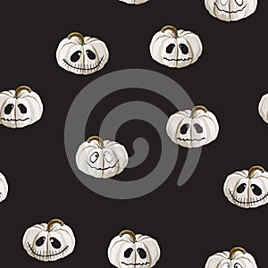 Seamless pattern with white Halloween pumpkins carved faces on black background. Can be used for scrapbook digital paper, textile