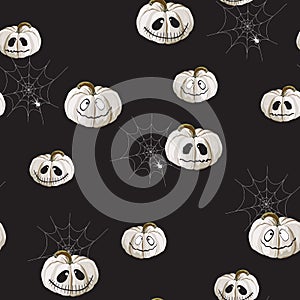 Seamless pattern with white Halloween pumpkins carved faces and spider on black background.