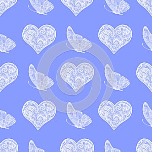 Seamless pattern from white hand drawing heart and butterfly