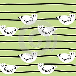 Seamless pattern. White hand drawn birds, black stripes on a green background