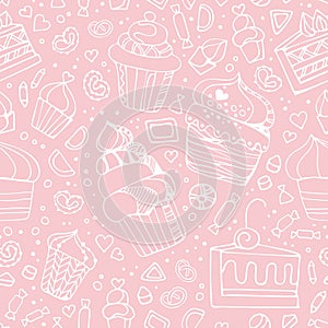 Seamless pattern with white hand drawn sweet cupcakes, cookies and candy on pastel pink background