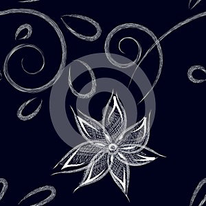 Seamless pattern with white hatched flowers and curls with leaves, background black