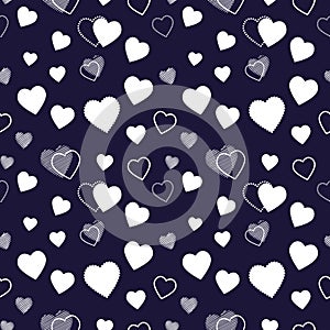 Seamless pattern with white hearts on dark blue background