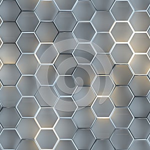 Seamless pattern of white illuminating hexagons 3D render