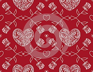 Seamless pattern with white lacy hearts and one line drawn rose. .