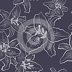 Seamless pattern, white lily on a black background