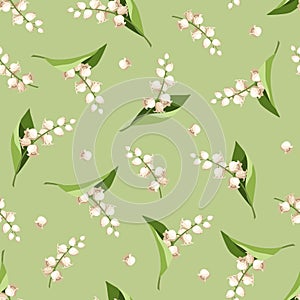 Seamless pattern with lily of the valley flowers on a green background. Vector illustration photo