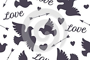 Seamless pattern with white love doves