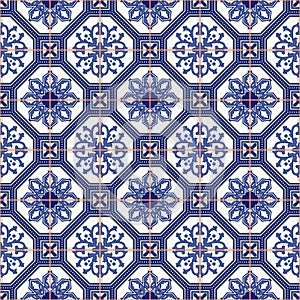 Seamless pattern white Moroccan, Portuguese tiles, Azulejo, ornaments.