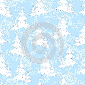 Seamless pattern, white New Year trees and snowflakes.