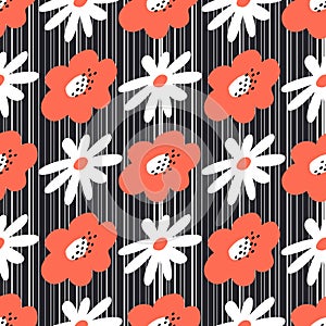 Seamless pattern with white and orange flowers on a striped background. Abstract background