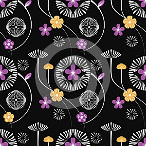 Seamless pattern with white ornate lines and flowers on a black background