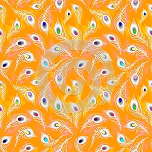 seamless pattern of white peacock feathers on orange background