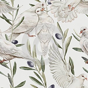 Seamless pattern with white pigeons hand-drawn painted in watercolor style.