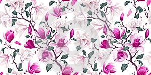 Seamless pattern with realistic spring flowers of white and pink magnolias. photo