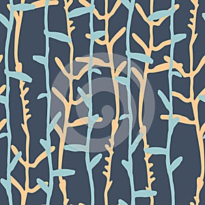 Seamless pattern with white pinstripes of hand drawn herbs on blue background