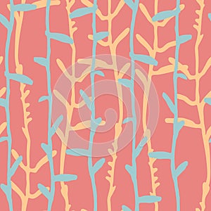 Seamless pattern with white pinstripes of hand drawn herbs on coral background