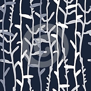 Seamless pattern with white pinstripes of hand drawn herbs on dark blue background
