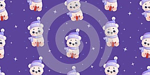 Seamless pattern with white polar bear with gift on purple background. Vector illustration in cartoon style. Kids