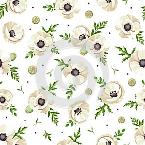 Seamless pattern with white poppies. Vector illustration.