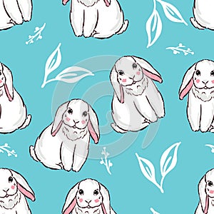 Seamless pattern with white rabbit bunny cartoons and flowers on blue background vector illustration. Cute childish