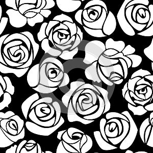 Seamless pattern with white roses on a black background