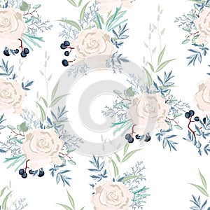 Seamless pattern with white roses flowers, leaves and berries.