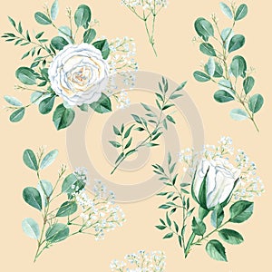 Seamless pattern with white roses, gypsophila, eucalyptus and pistachio branches on beige background. Watercolor