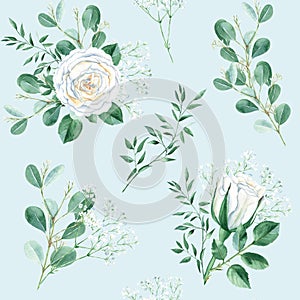 Seamless pattern with white roses, gypsophila, eucalyptus and pistachio branches on blue background. Watercolor