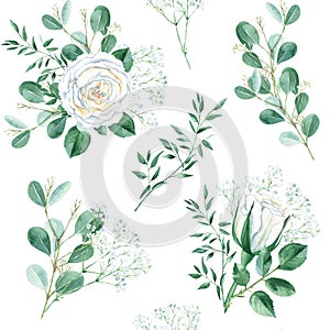 Seamless pattern with white roses, gypsophila, eucalyptus and pistachio branches. Watercolor illustration. Can be