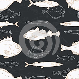 Seamless pattern of white sea fish on black background. Perch, cod, scomber, mackerel, flounder, saira. Vector doodle.