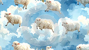 Seamless pattern of white sheep jumping on clouds
