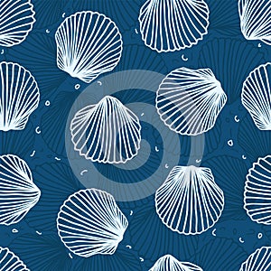 Seamless pattern of white shells on blue background