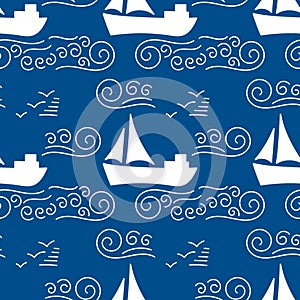 Seamless pattern with white silhouette Sailing yacht in the sea, waves and clouds. Line doodle sketch. Hand drawn Vector