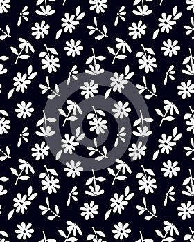 Seamless pattern of white small simple flowers daisy on a dark background.