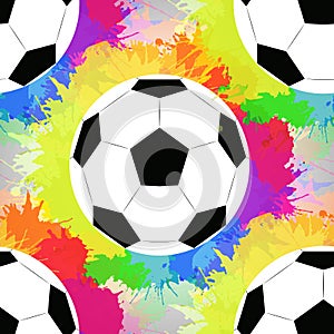 Seamless pattern with white soccer balls with watercolor rainbow spray.