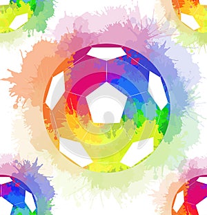 Seamless pattern with white soccer balls with watercolor rainbow spray.