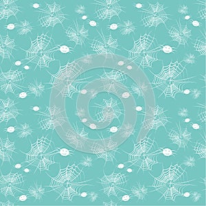 Seamless pattern: white spider webs and spiders on a blue background. vector.