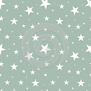 Seamless pattern white stars of different sizes scattered in random order on gray background. Nordic scandinavian retro style