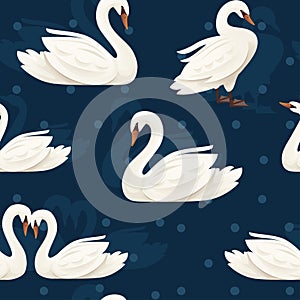 Seamless pattern of white swam bird flat vector illustration on blue background